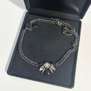 Vintage Glass Rhinestone Gunmetal Chain Statement Necklace New In Box No Tag